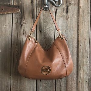 MK Camel Colored Pebbled Soft Leather Handbag.